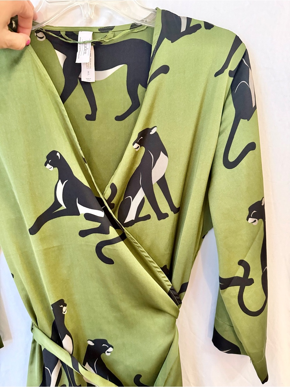 Satin Wrap Maxi Dress Robe Green Panther Jaguar Cat - Picture 5 of 8